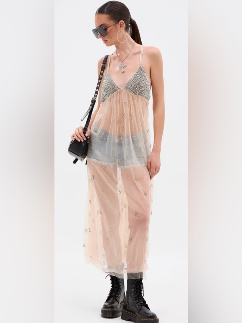 NEW RHINESTONE MESH MIDI DRESS Sheer in Nude and Silver. 
SIZE: L/XL